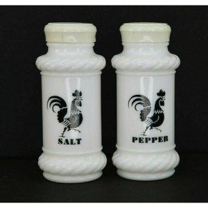 Vintage Hazel Atlas Milk Glass With Black Roosters Salt And Pepper Shakers
